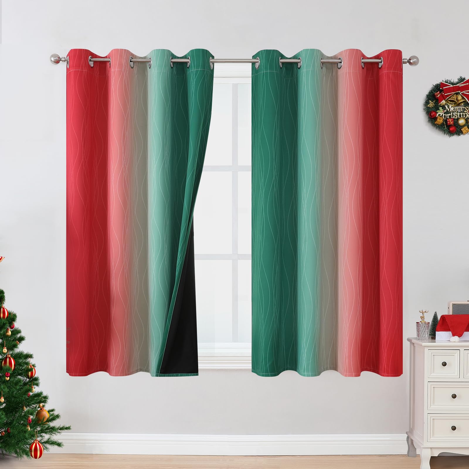 Estelar Textiler Red and Green Blackout Curtains 54 Inch Length, Full Room Darkening Gradient Grommet Drapes for Kids Room, Thermal Insulated Ombre Curtains for Bathroom, 52Wx54L, 2 Panels
