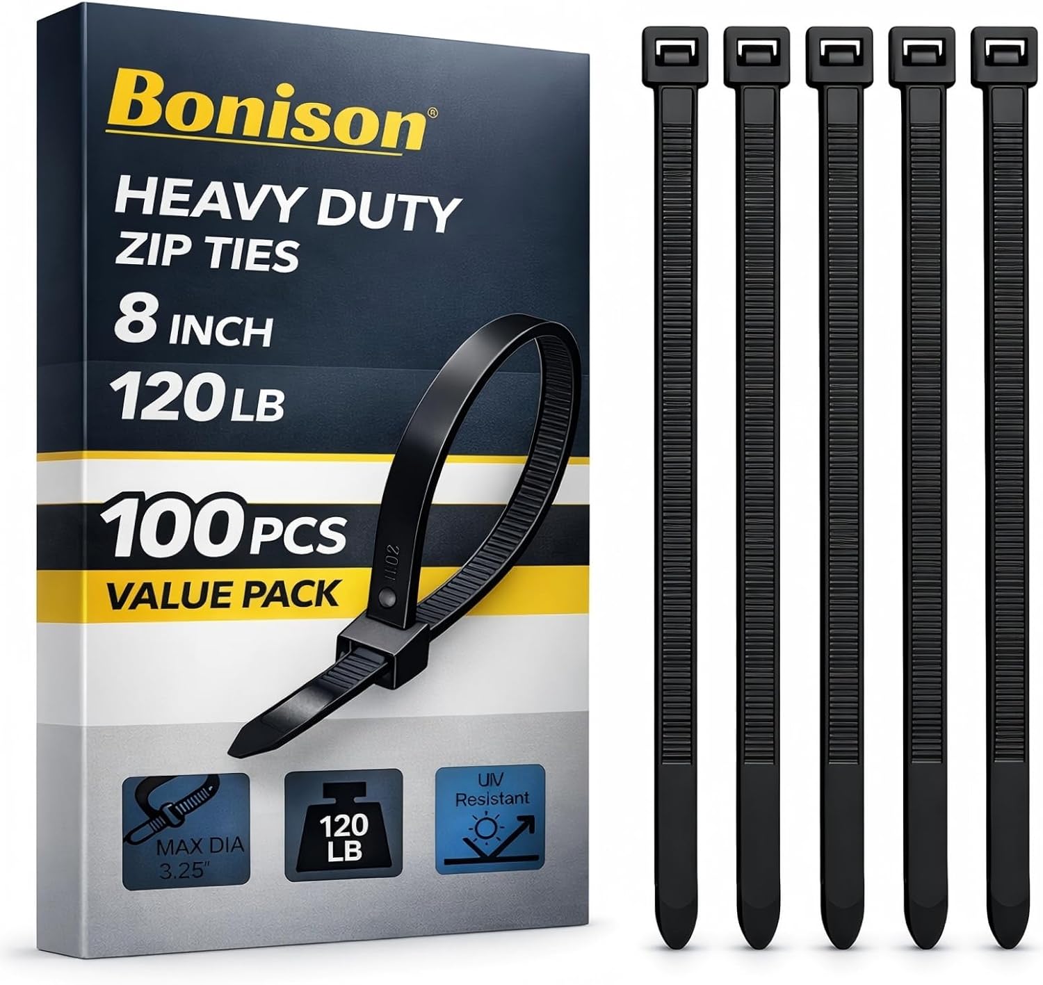 Zip Ties 8 inch Heavy Duty Zip Ties with 120 Pounds Tensile Strength, Black Cable Ties for Multi-Purpose Use, Self-Locking UV Resistant Nylon, 100 Pcs