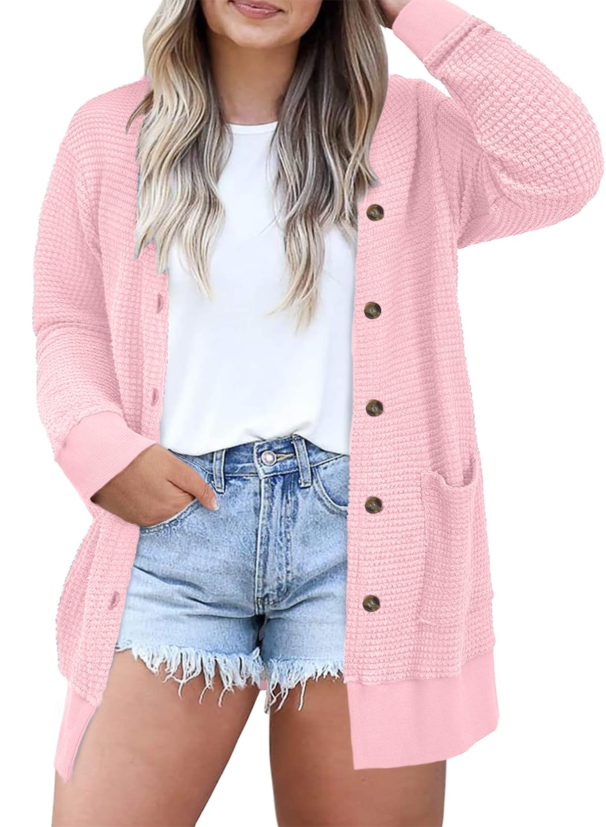 Eytino Womens Plus Size Cardigans Casual Long Sleeve Waffle Knit Front Button Tops 1X-5X