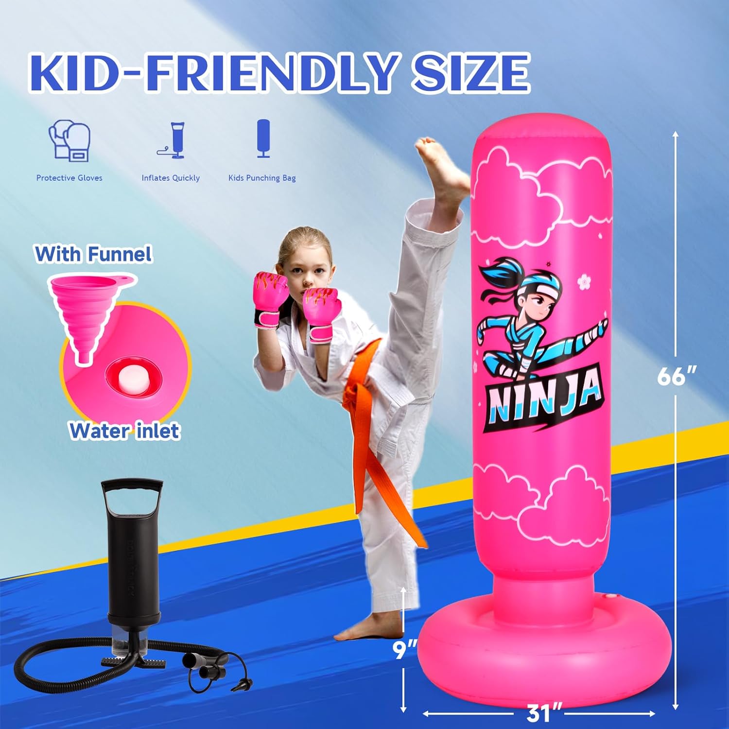Kids Punching Bag Toy with Boxing Gloves,66 Inch Larger Stable Updated 4-in-1 Ninja Kids Inflatable Boxing Bag Set,Gifts for Boys & Girls Age 5-12 for Taekwondo,MMA and Practicing Karate