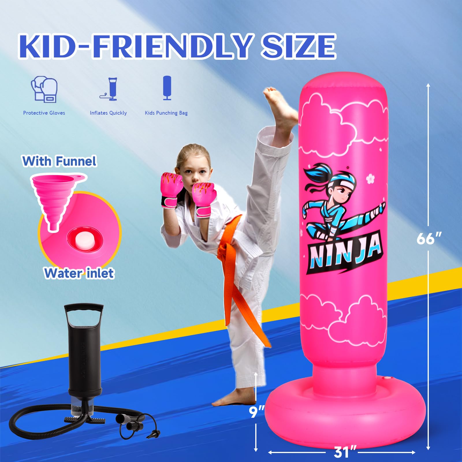 Icelus Saco de Boxeo para niños con Guantes de Boxeo y Bomba Hinchable, Juego de Saco de Boxeo Inflable para niños de 168cm más Grande y Resistente, Regalos para niños y niñas de 5 a 12 años