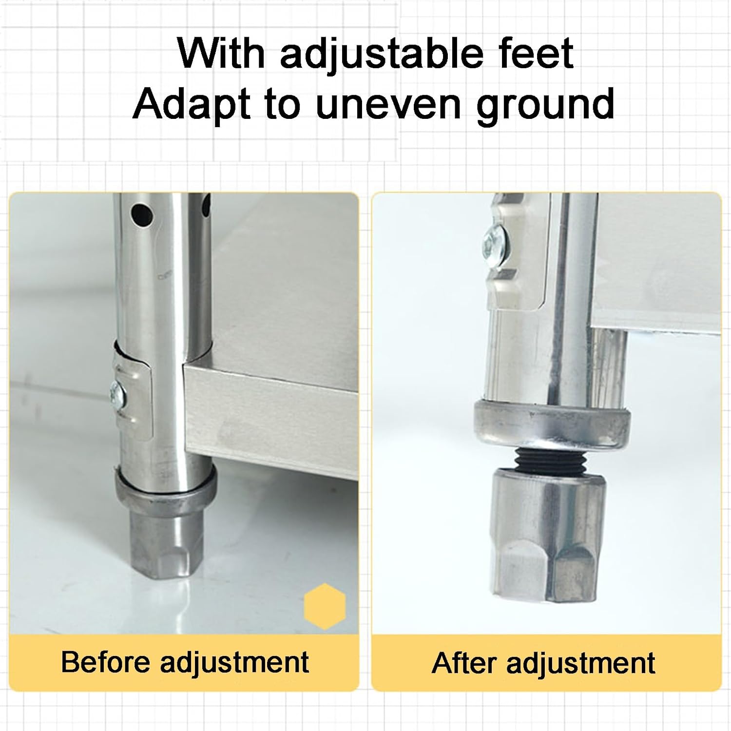 Stainless Steel Workbench Reinforced Columns strengthened crossbeams Kitchen Work Table Brushed Finish Adjustable feet Triangular Structure Bolted Assembly Suitable for Hotels and Warehouses