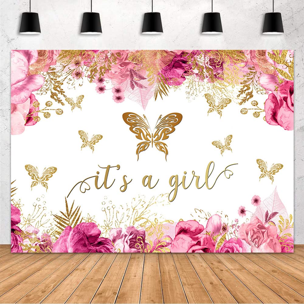 Hintergrund Für Babyparty „Oh Baby It's A Girl“ – 210x150 Cm, Rosa Mit Hasen & Blumen, Aus Polyester