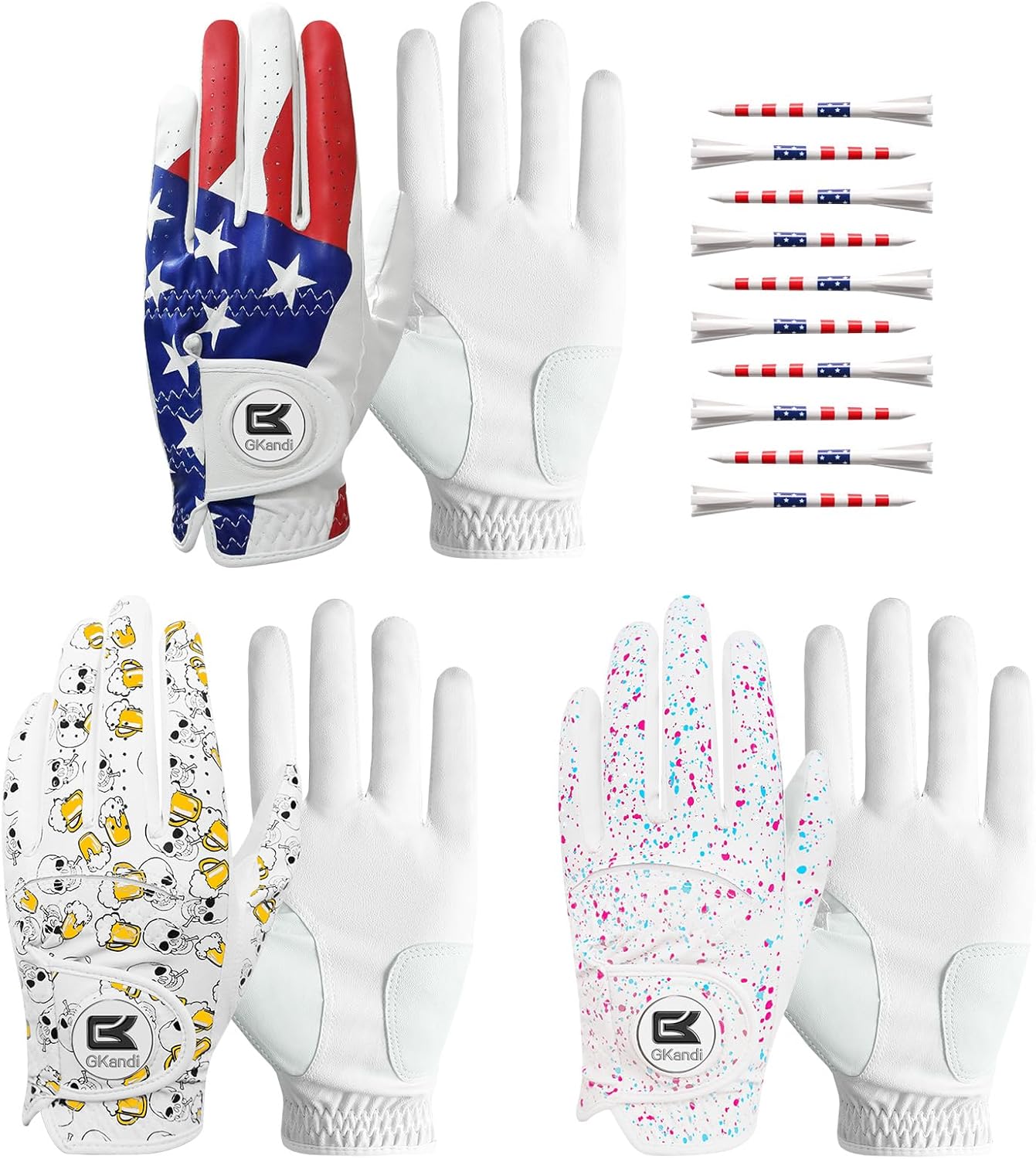 Golf Gloves Men Right Handed Golfer Left Hand Value 3 Pack with Ball Marker and 10 USA Flag Tees 3 1/4 Inch Leather Mens Golfing Glove