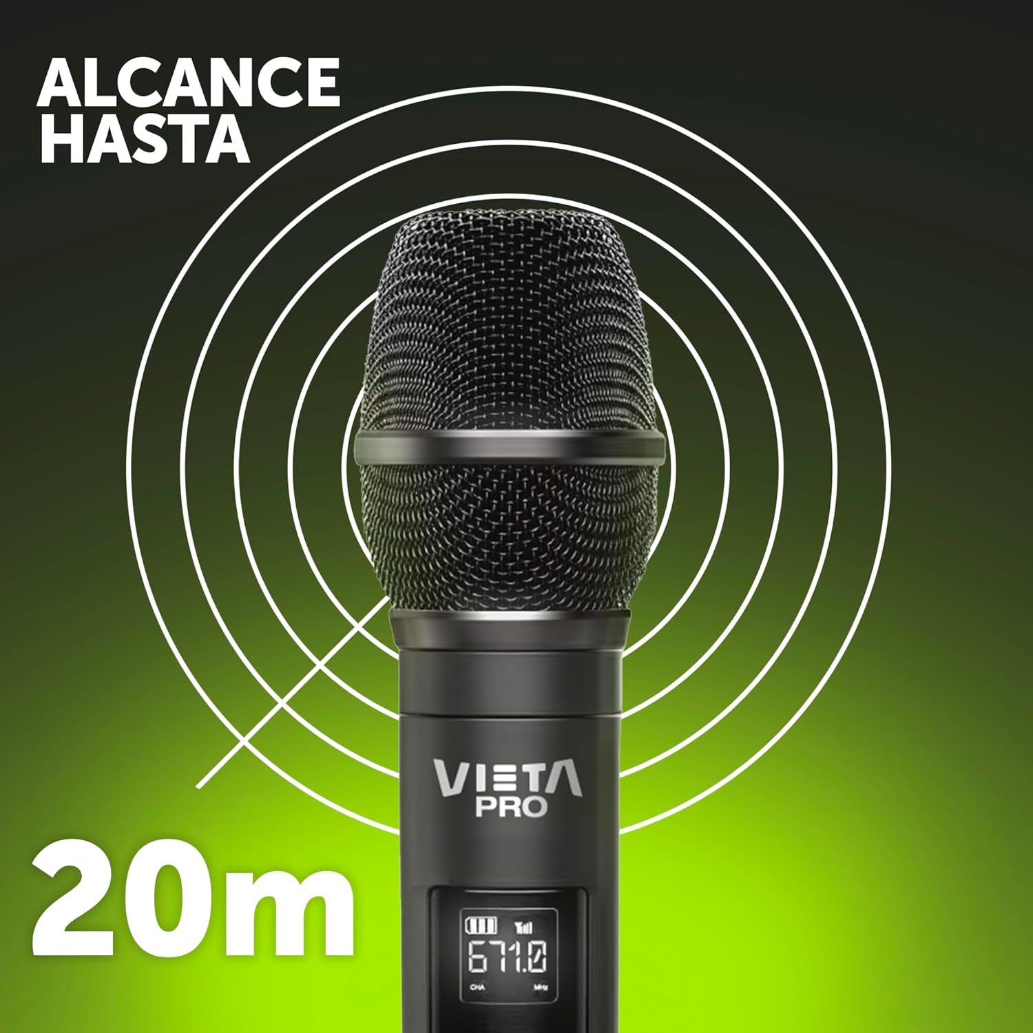 Vieta Pro Party Mic showing a 20-meter wireless range