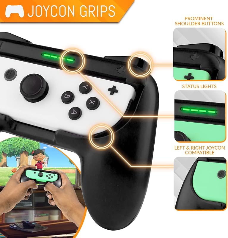 Orzly Nintendo Switch Parti Kiegészítő Szett Kontroller Grip-ekkel, Verseny Kormányokkal, Tánc Csuklópántokkal és Tenisz Ütőkkel - 16 Parti