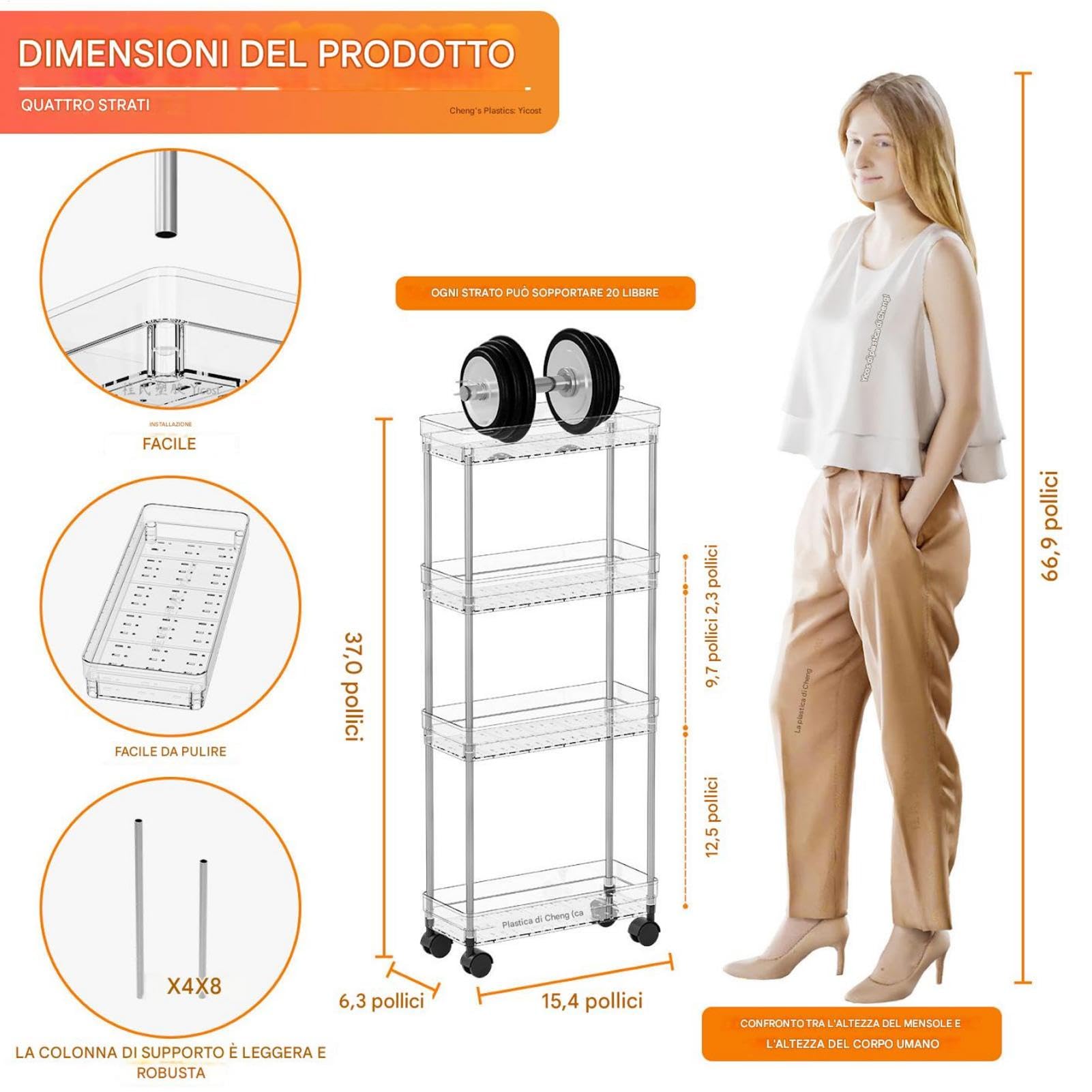 Generico Rolling Storage Cart, Movable Shel, Multi Layer, Multi Purpose, Compact Rolling Kitchen Organizer for Laundry Room, Narrow Space, 1650g, Acrylic, Abs, Metal