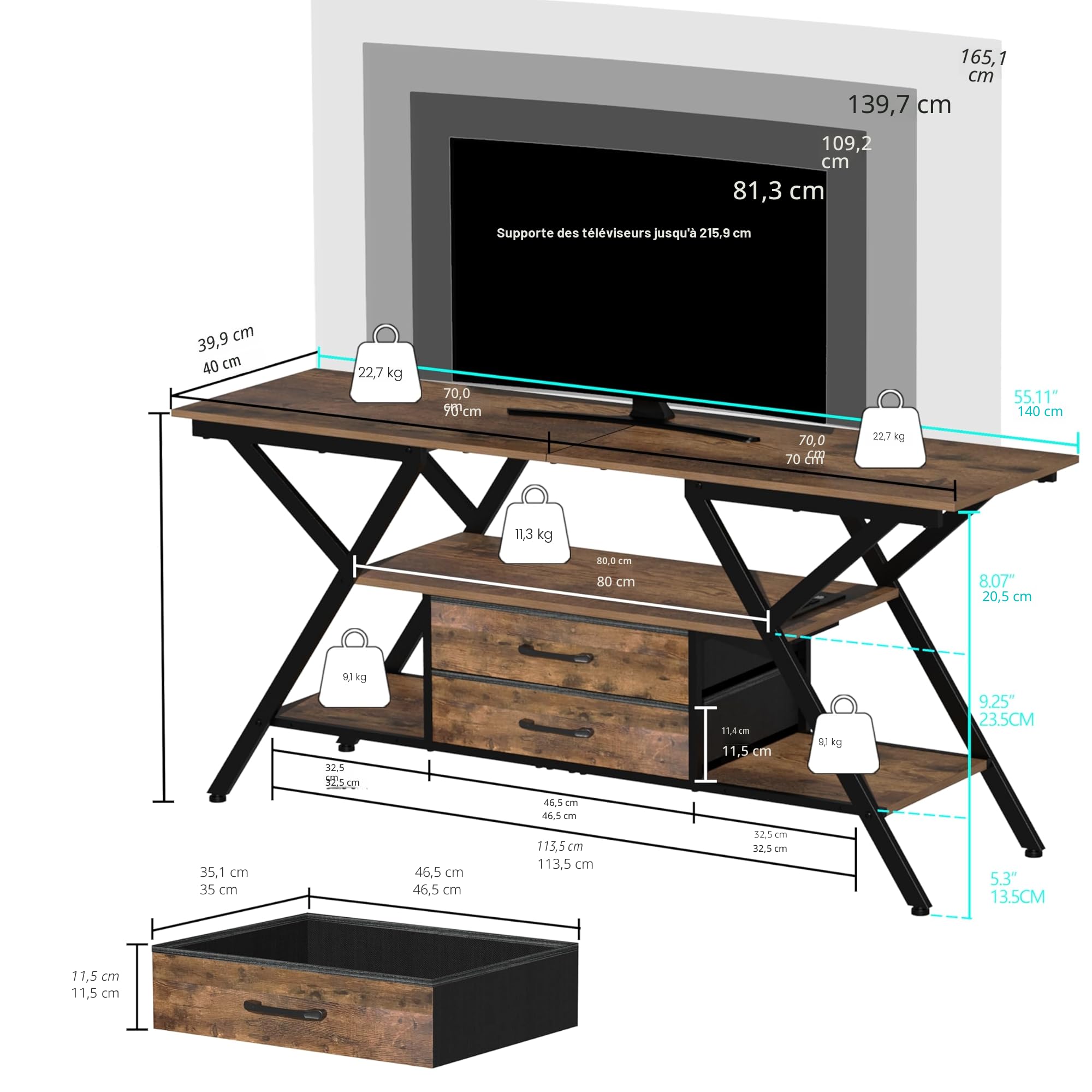 Trironsun meuble TV rustique jusqu'à 55 pouces avec console de télévision, station de charge et éclairage LED - Étagère TV avec 2 compartiments de rangement en tissu - Centre de divertissement pour