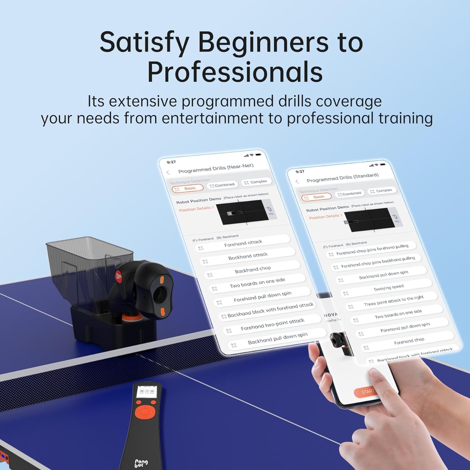 PONGBOT Table Tennis Robot, Remote and APP Control, Portable Carrying Bag, Power Bank, 264 Pre-Saved Training Drills, Custom Programmed Drills