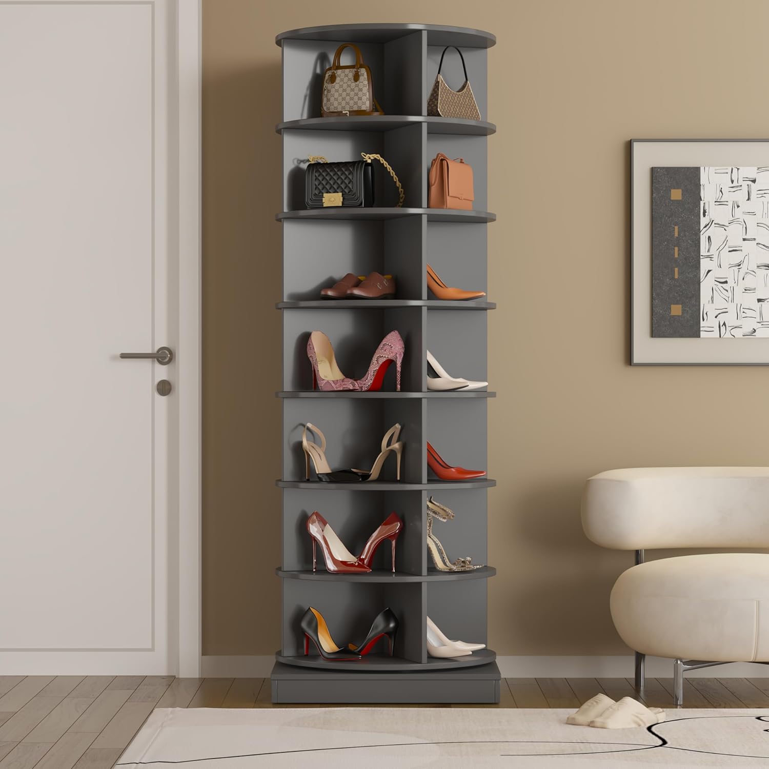 Rotating Shoe Rack Tower, 7-Tier Spinning Shoe Rack, Free Standing 360° Revolving Shoe Organizer Can Hold 28 Pairs of Shoes for Entryway Living Room Hallway (7-Tier, Gray)