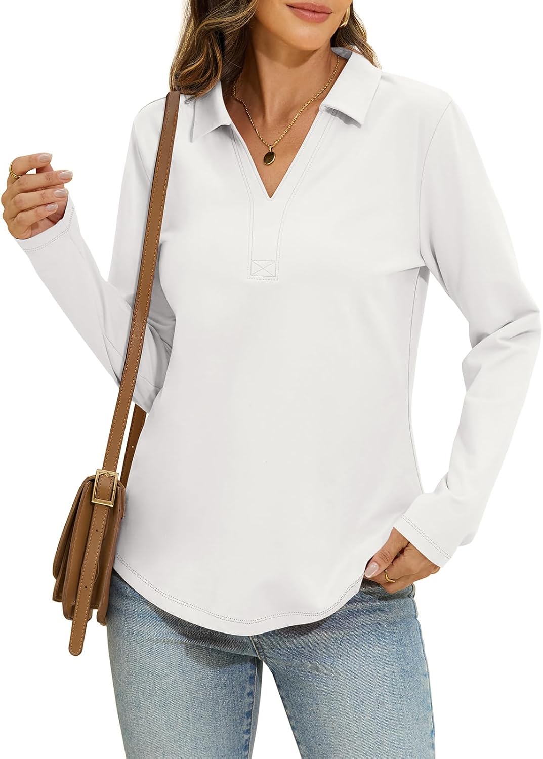 Womens Cotton Long Sleeve Polo Shirts Casual V Neck Collared Tops Loose Fit Work Blouses Spring Outfits 2026