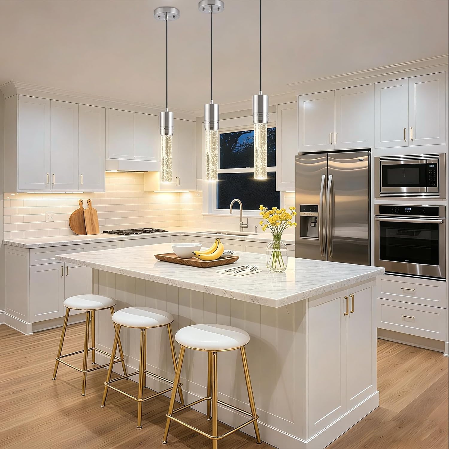 Brushed Nickel Pendant Lights Kitchen Island, Crystal Bubble Pendant Lights, Adjustable Modern Pendant Light Fixtures for Dining Living Room Bedroom 3 Pack