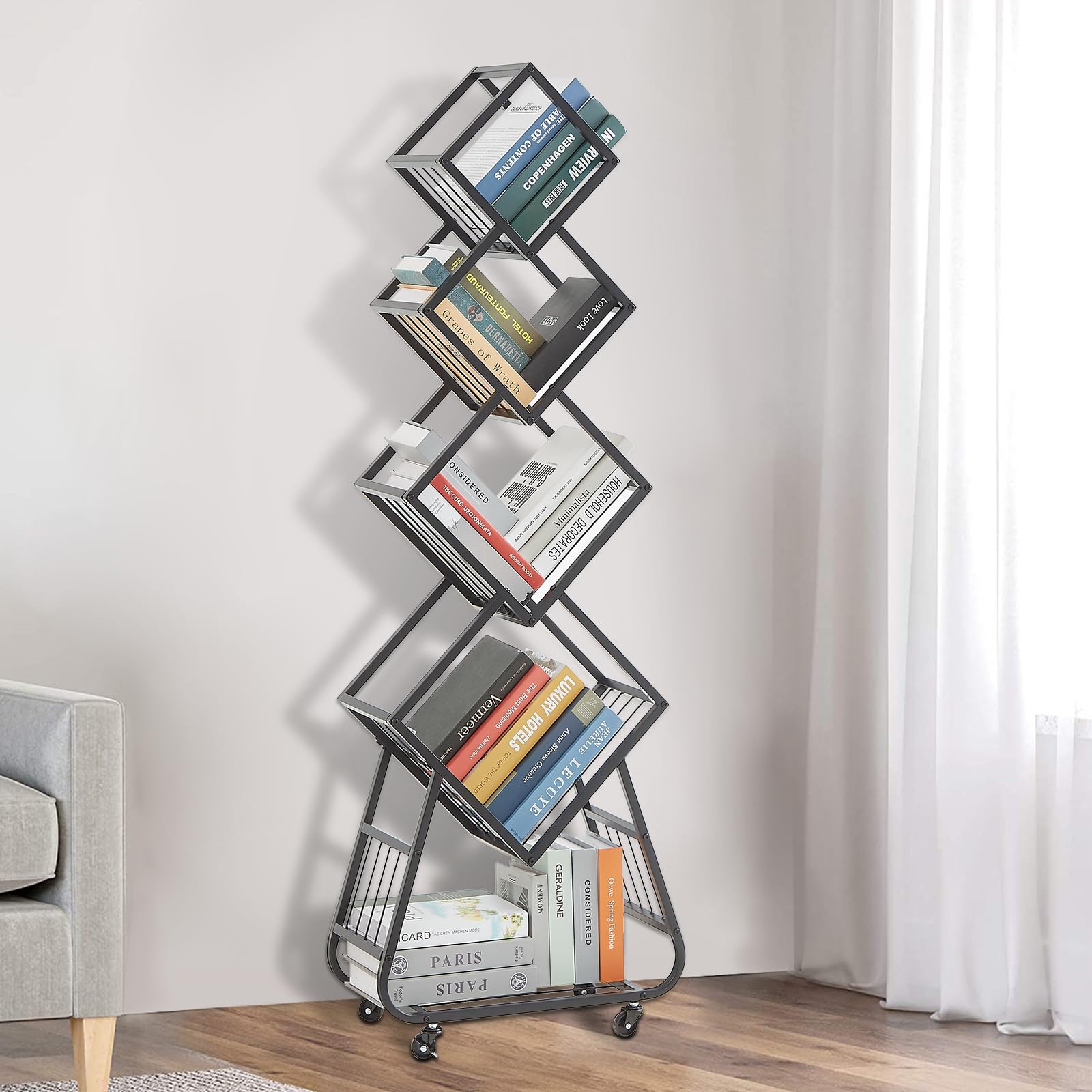 Flyerständer, Prospektständer mit 5 Ebenen, Metall Regal Platzsparend, Prospekthalter Mit Rollen, Metallregal Schwarz Für Büros und Messen, 54 x 22 x 153 cm (Black)