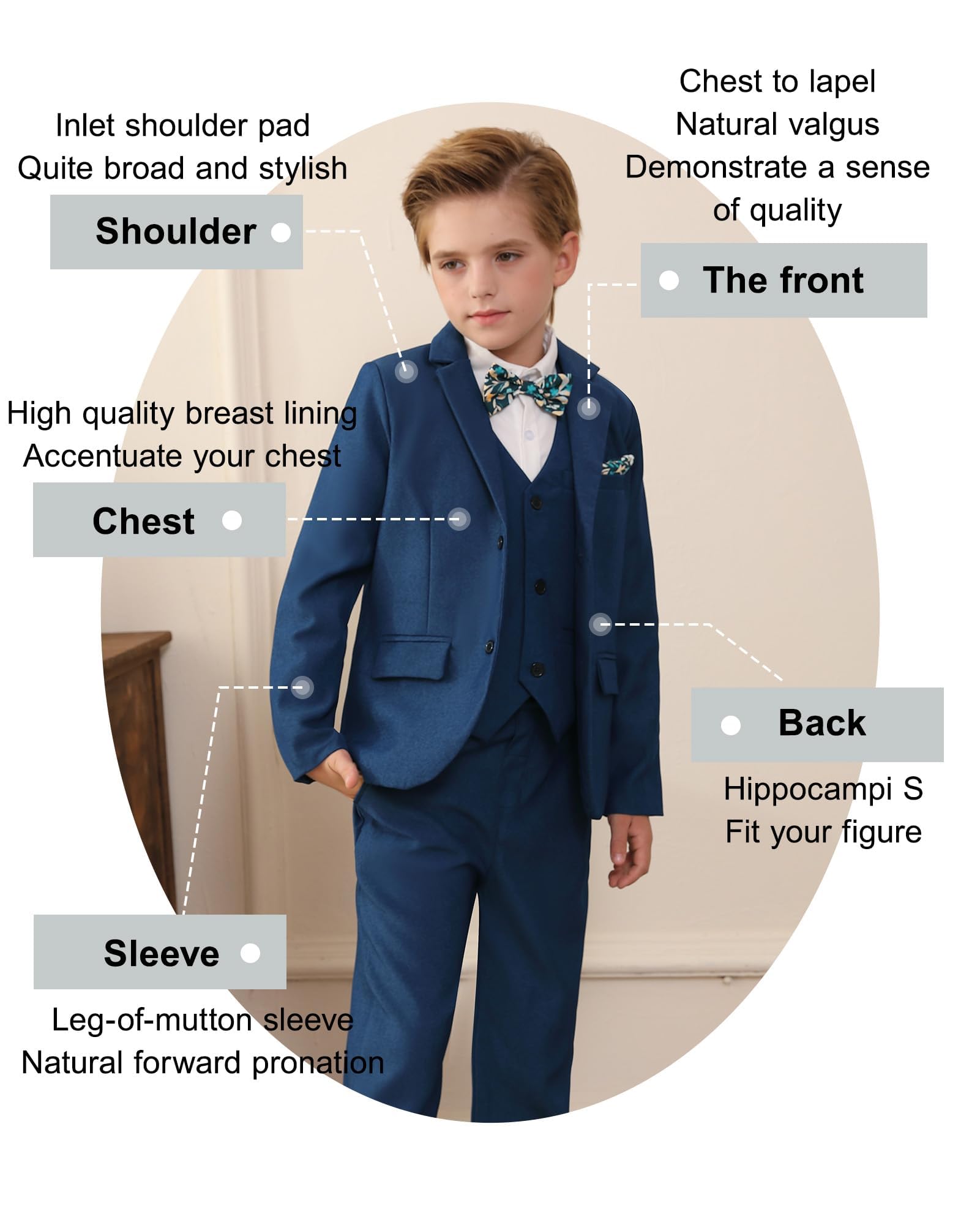 Traje de Niños 5 Piezas Clásico Slim Fit Traje de Boda Conjunto Caballero Esmoquin Chaqueta Abrigo + Chaleco + Blusas + Pajarita + Pantalones Niños Bautizo Traje