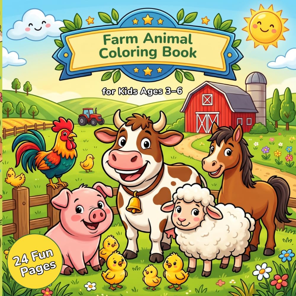 Farm Animal Coloring Book for Kids Ages 3-6: 24 Cute Coloring Pages of Cows, Pigs, Chickens, Horses & More! Perfect for Toddlers and Preschoolers: 24 ... & More! Perfect for Toddlers and Preschoolers