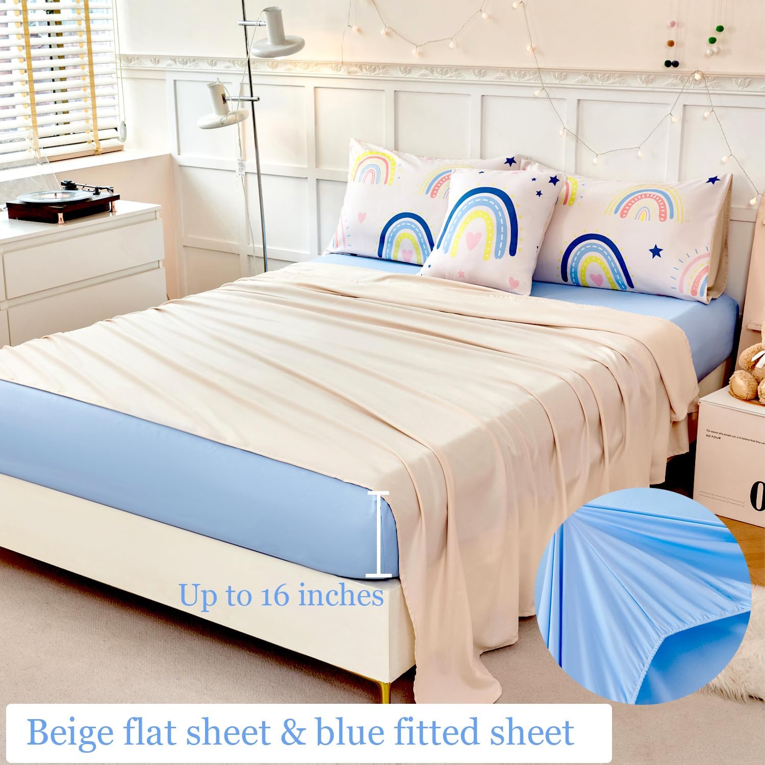 ANGIYUIN 6Pcs Beige Rainbow Queen Comforter Set - Cartoon Love Hearts and Stars Girl Bedding Set for Kids - Cute Soft Kid Bed in A Bag with Comforter, Sheets, Pillowcases