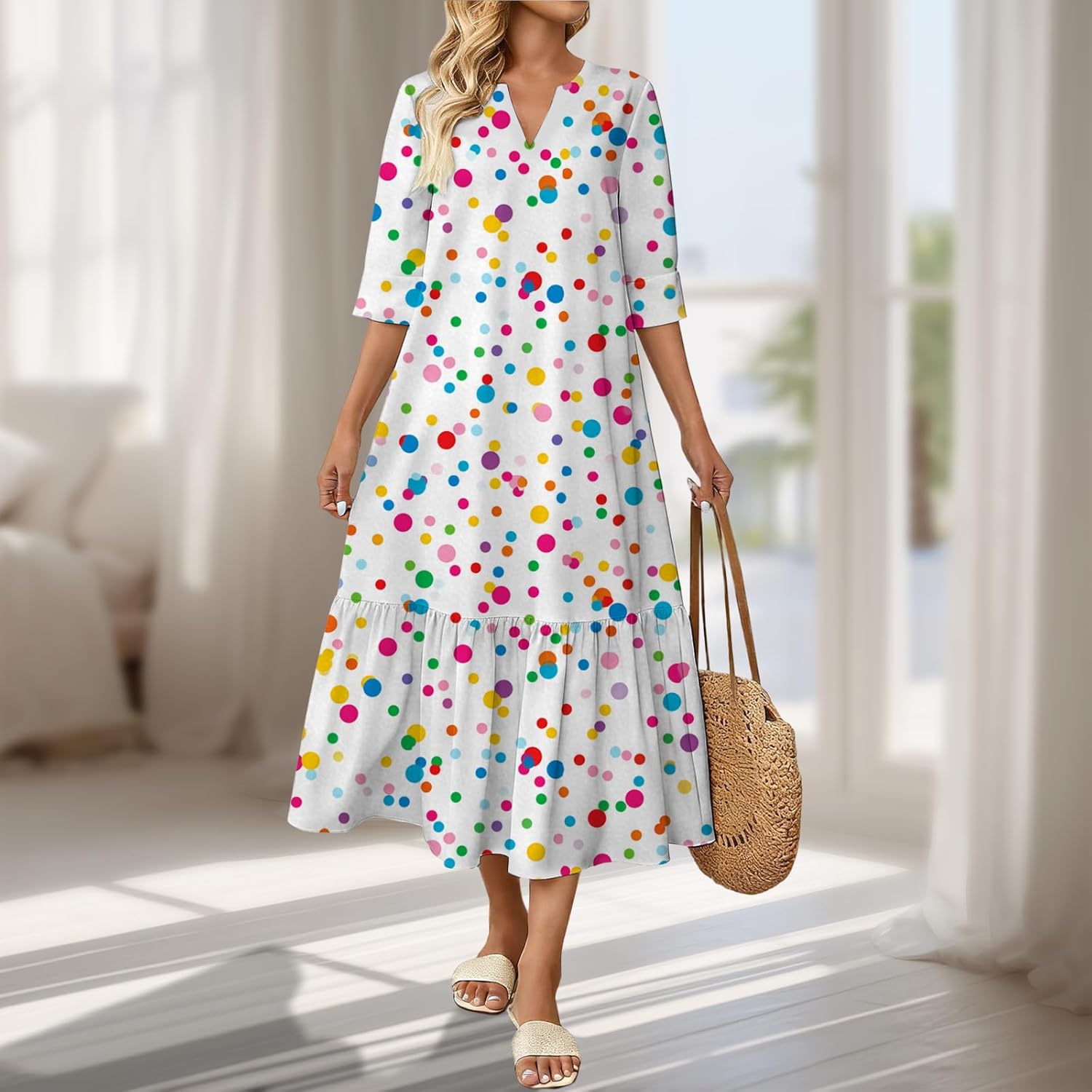 Womens Boho Floral Dress Loose Fit 3/4 Sleeve Flowy Sundress Comfortable Casual Dresses with Ruffle Hem - Image 2