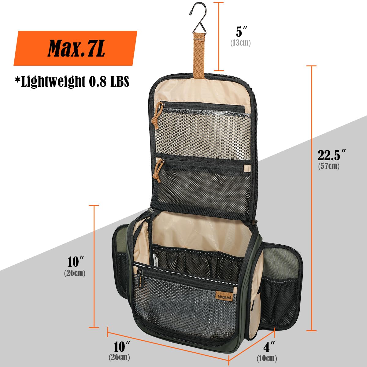 WELKINLAND Neceser colgante de 13 bolsillos, bolsa de aseo impermeable para hombre, kit de viaje grande para hombre, bolsa de viaje para baño, bolsa de viaje totalmente abierta para hombres, bolsa de
