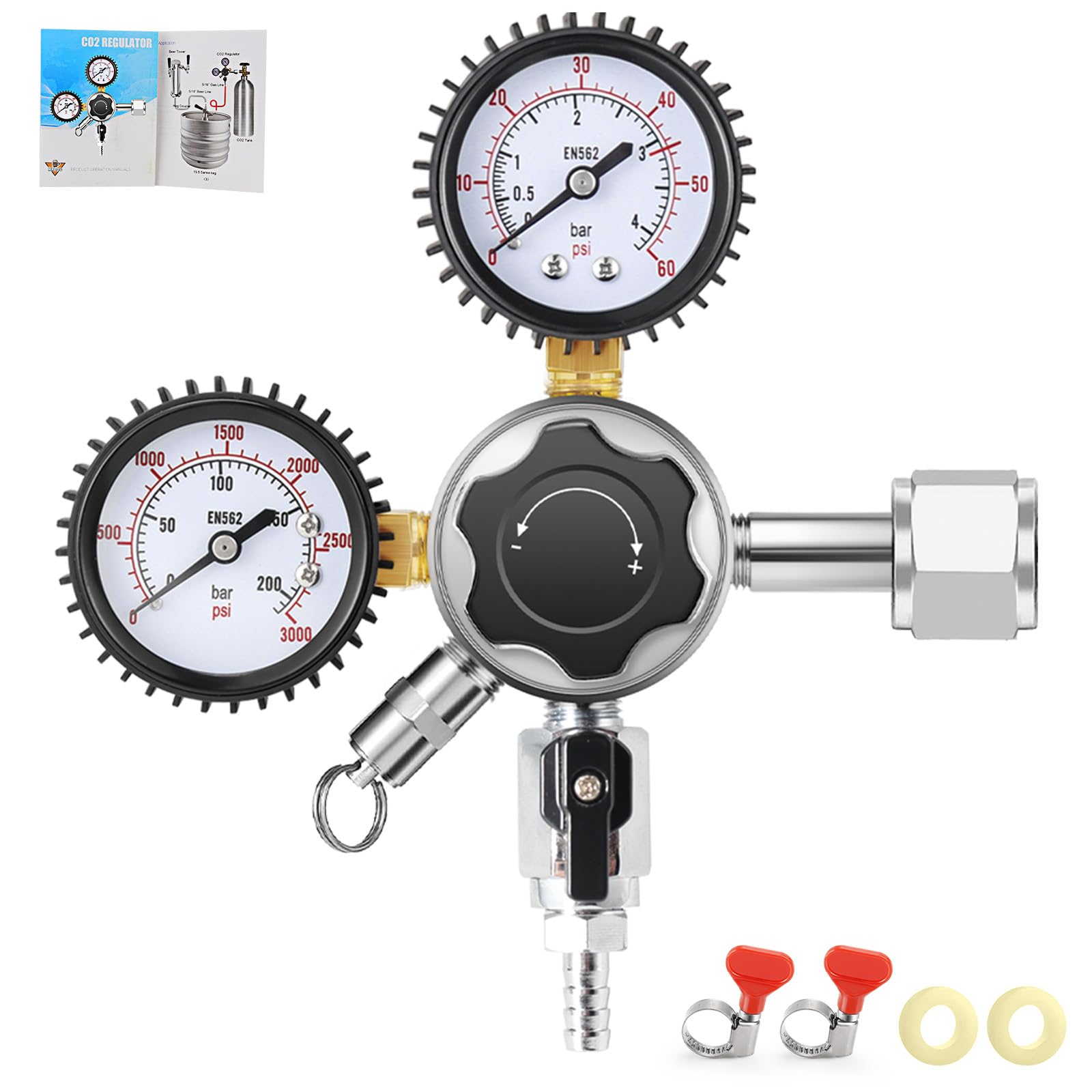 MRbrew CO2 Regulator Keg Regulator CGA-320 Draft Beer Regulator, Kegerator Regulator Co2 Tank Pressure Regulator with 0-60 PSI Working Pressure & 0-3000 PSI Tank Pressure for Homebrewing
