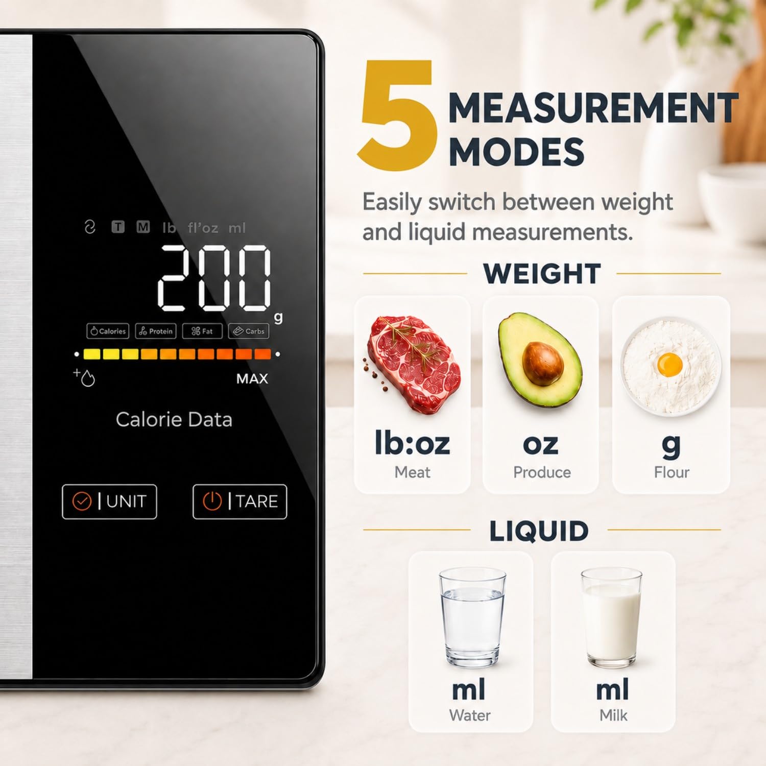 Smart Nutrition - Bilancia digitale da cucina con app calcolatrice nutrizionale, funzione tara, traccia calorie e 19 nutrienti, 5 kg, grammi/oncia, in acciaio inox per dimagrire e dieta