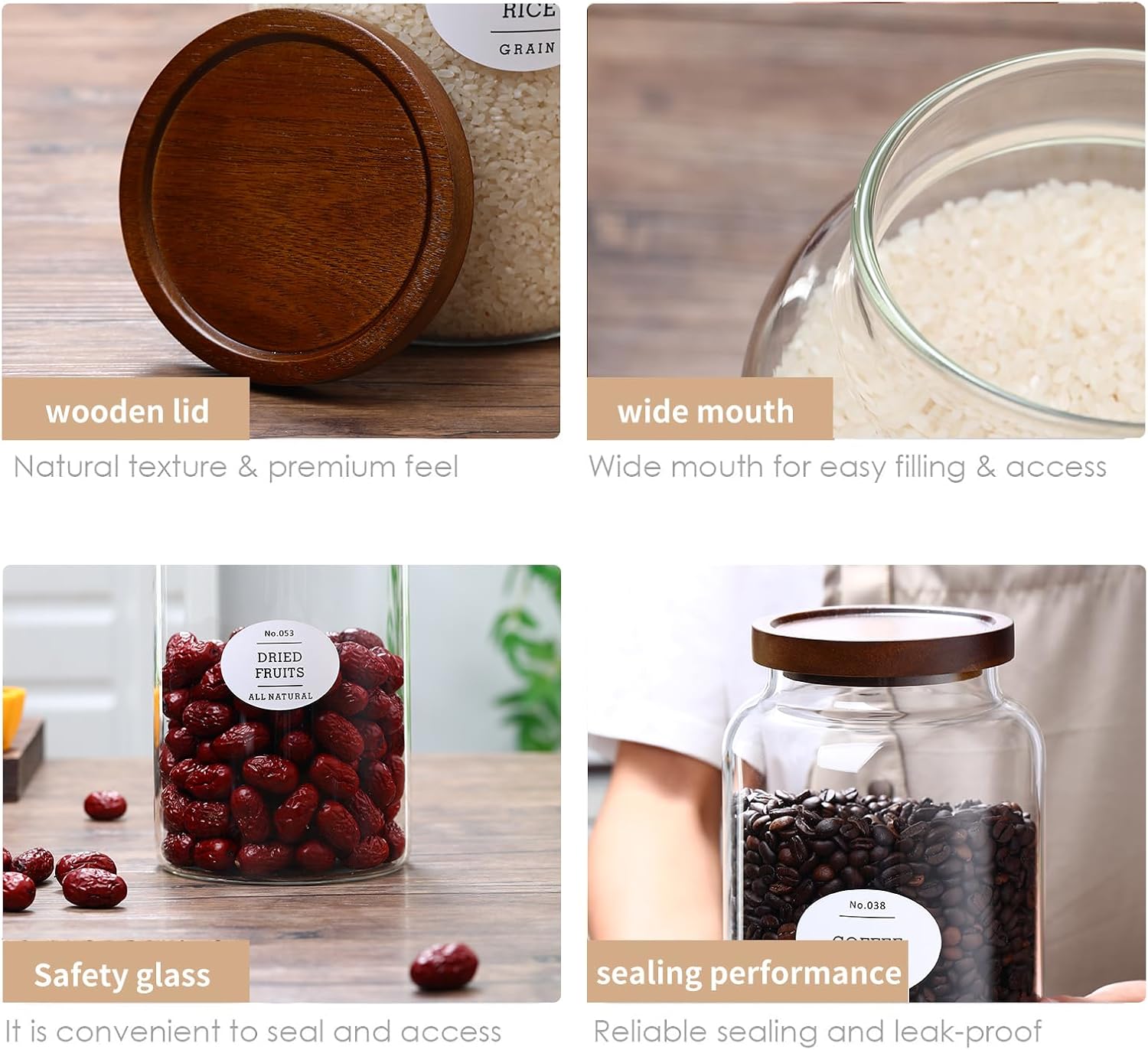 2-pack 3/4 gallon glass storage container with Acacia Wood Lids and glass spoon, Sealable Waterproof, Large Tall Glass Jar,Glass food storage Jars Set for Coffee bean, Nut, Candy, Cereal, Flour，sugar