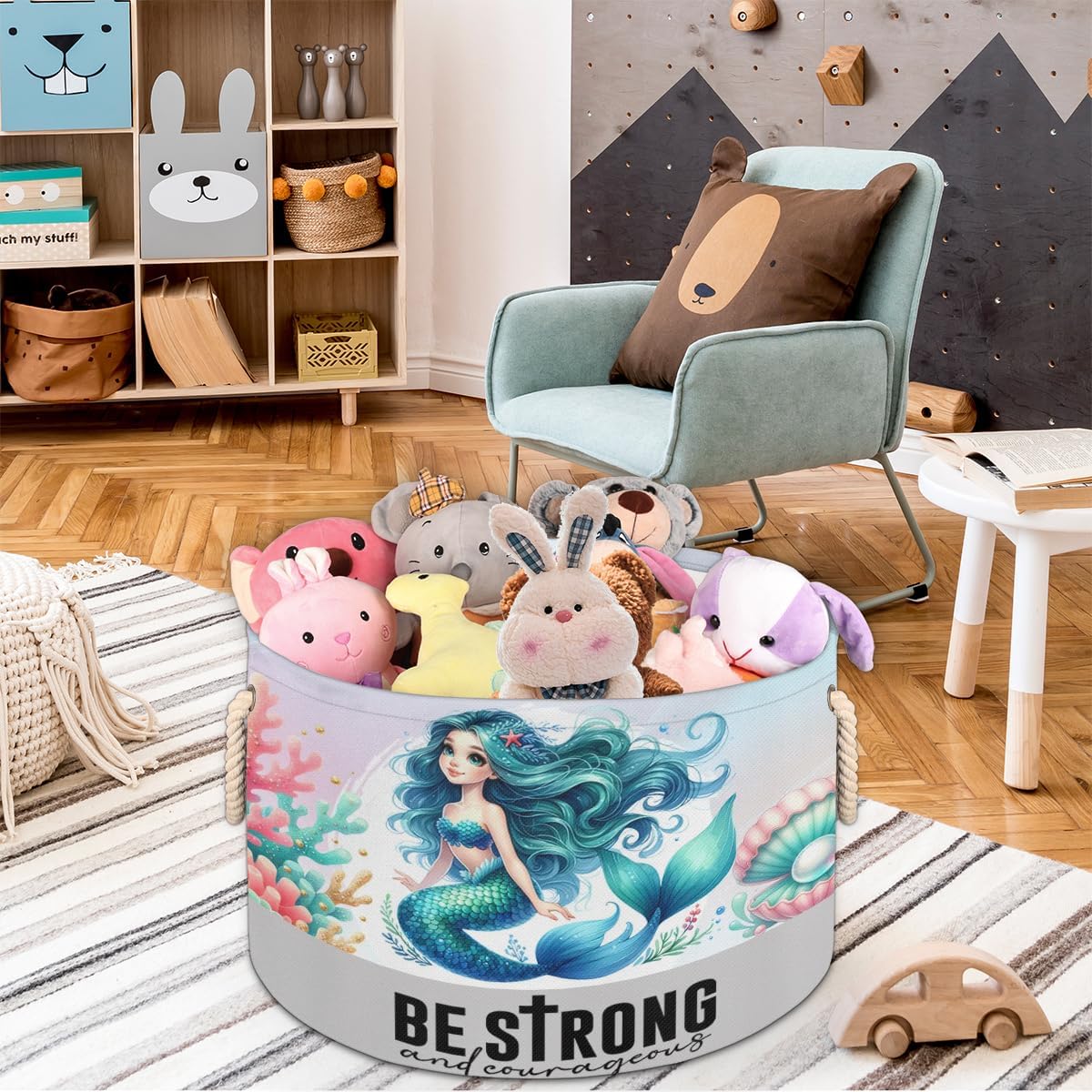 Large Round Laundry Basket Cute Mermaid Girls Toy Bins Organizers and Storage for Girls Canvas Collapsible Blanket Storage Basket Laundry Hamper Gift Baskets Bedroom Clothes Children Nursery