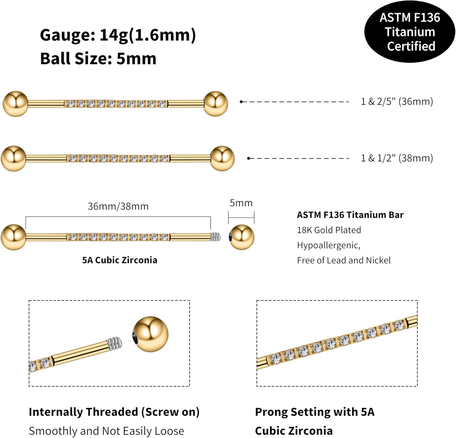 FINE4U Gold Industrial Piercing Jewelry 14G 36mm 38mm 1pc - ASTM F136 Titanium Industrial Barbell, Industrial Earrings, Cartilage Body Piercing Jewelry with CZ - Image 3