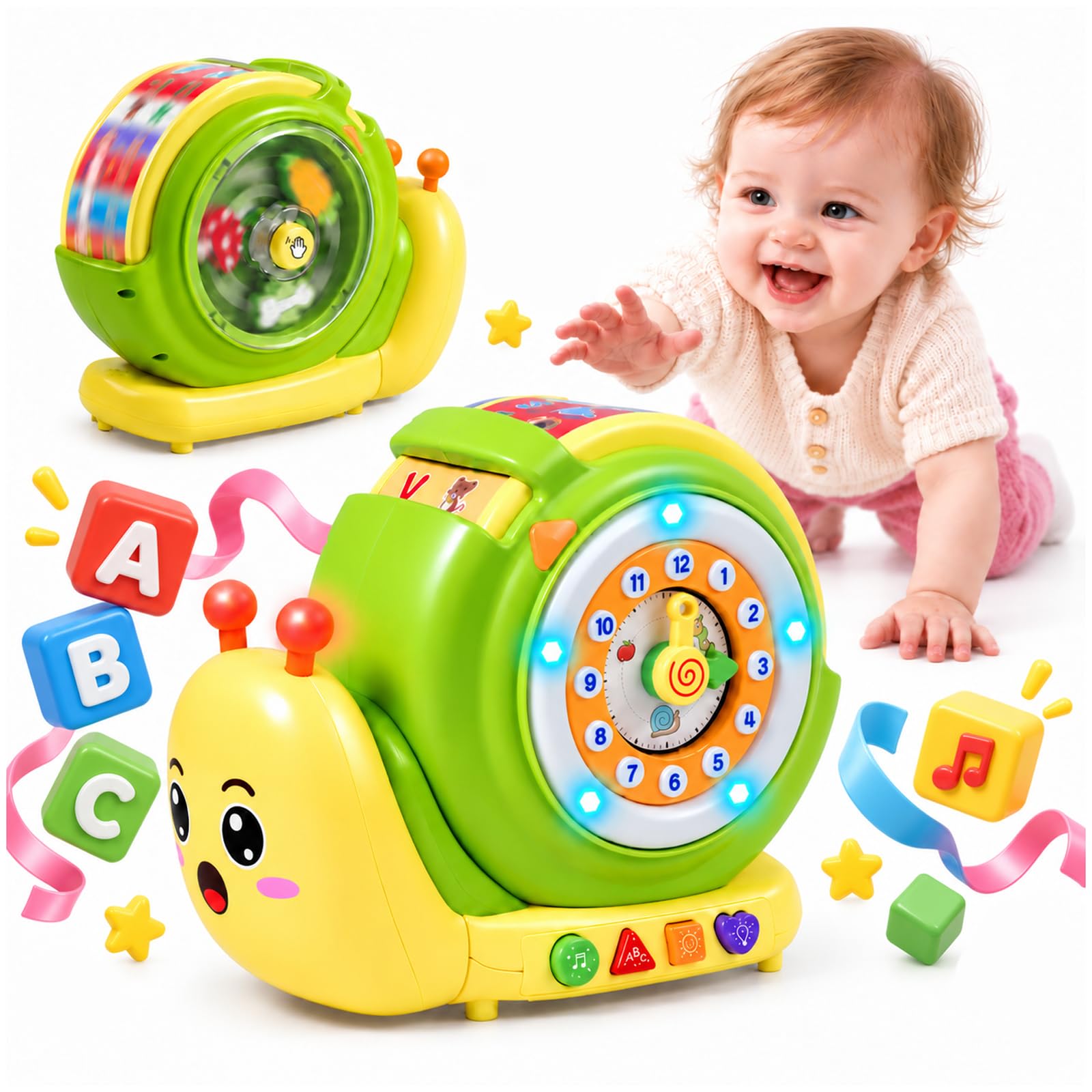 Yeeammk Musical Spinning Snail Learning Toy with 4 Modes for 12 Months+