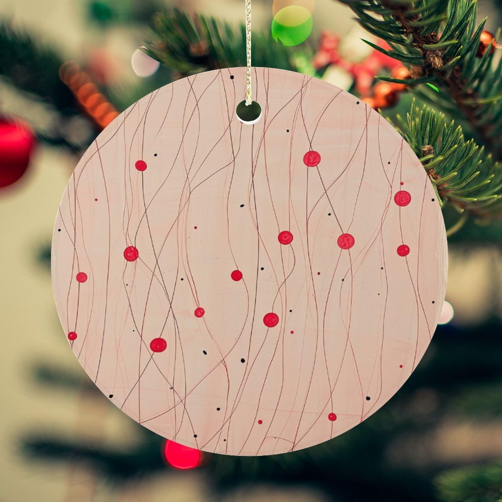 Light Peach Pattern Christmas Ornament for Christmas Tree Ceramic Round Ornament Winter Holiday Keepsake Gift 2.7" Christmas Tree Hanging Decorations Circle Ceramic Pendant Xmas Gift