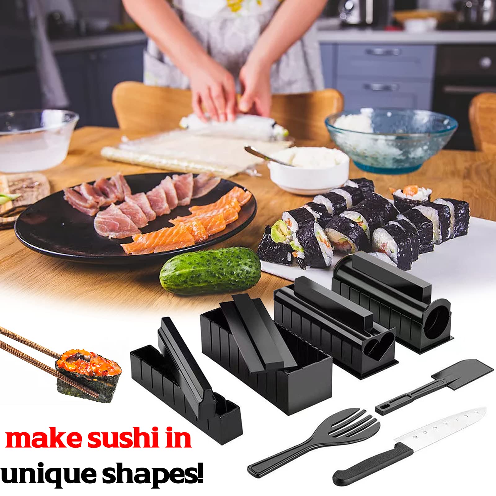 Kit per la Casa Sushi Maker, 11 Pezzi Completo con 8 Stampi per Riso Rotolo, Forchetta, Spatola, Coltello - Facile da Pulire e Usare, Lavabile in Lavastoviglie per la Cucina