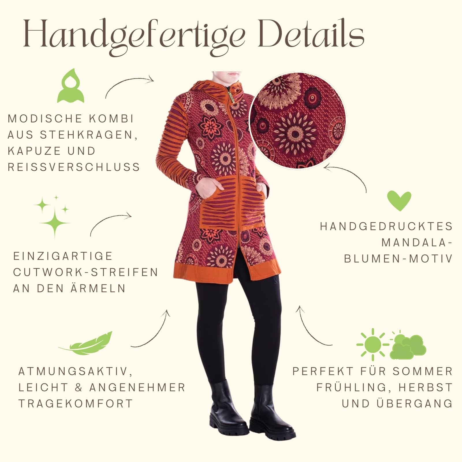 Vishes Damen Mantel mit Kapuze | Handgefertigt aus 100% Baumwolle | Ideal für Frühling, Sommer & Herbst | Nachhaltige Alternative Bekleidung