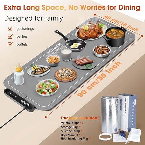 Miniatura 8 de Tapete de calentamiento para alimentos, (XXL, 35 x 16 pulgadas), bandejas de calentamiento eléctricas de grafeno mejorado para alimentos con
