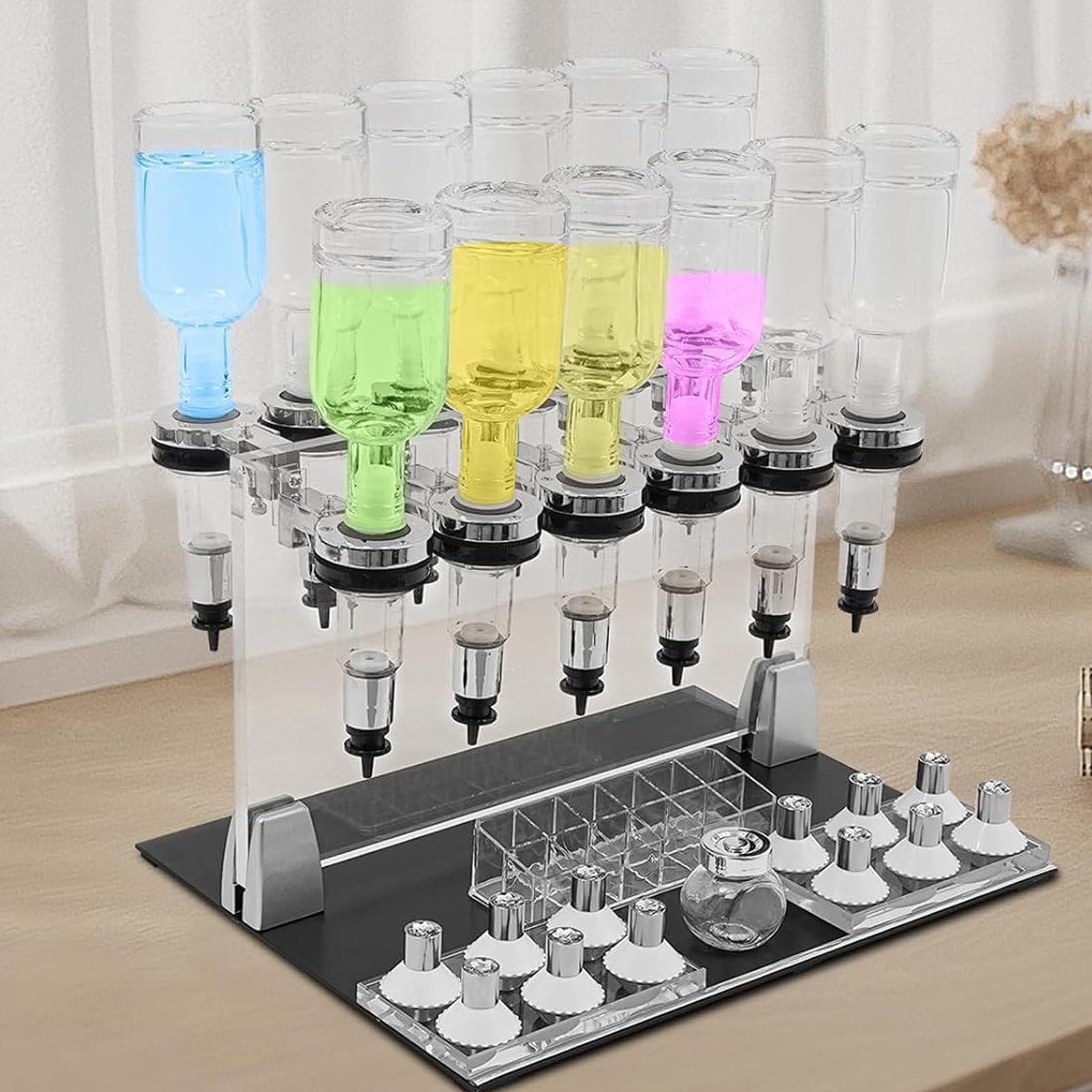 XueFulxion Rust-proof commercial dispenser rack made of high-grade metal and glass.Manual liquid control is intuitive, and detachable layout enables regular deep cleaning to maintain hygiene. 12heads