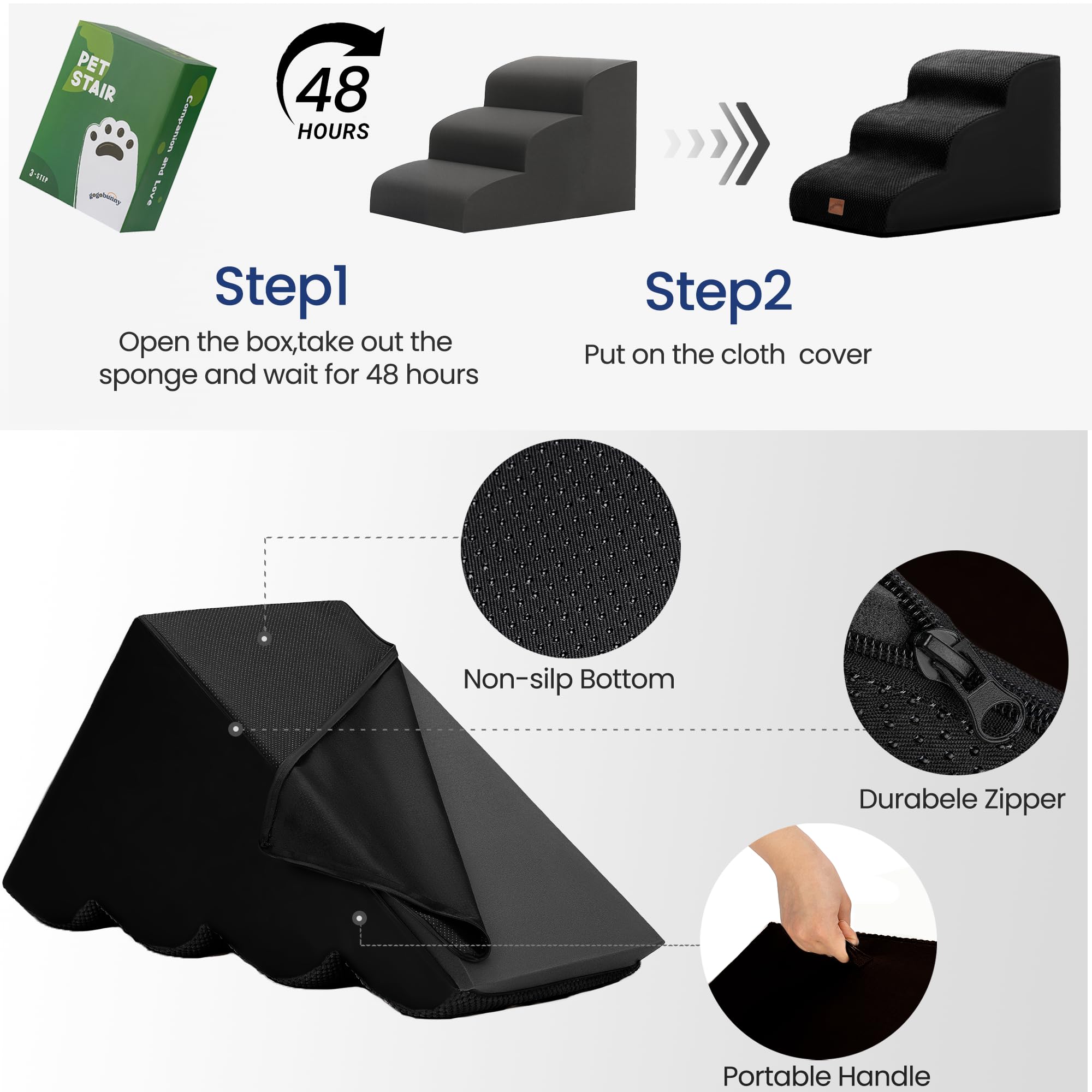 gogobunny Rampe Katze Hund Treppe für Betten, Katzentreppe mit strapazierfähigem, wasserdichtem Stoffbezug, Haustiertreppe für alte große Hunde Klettern (Schwarz, 3-stufig (56,9 cm D x 39,9 cm B x