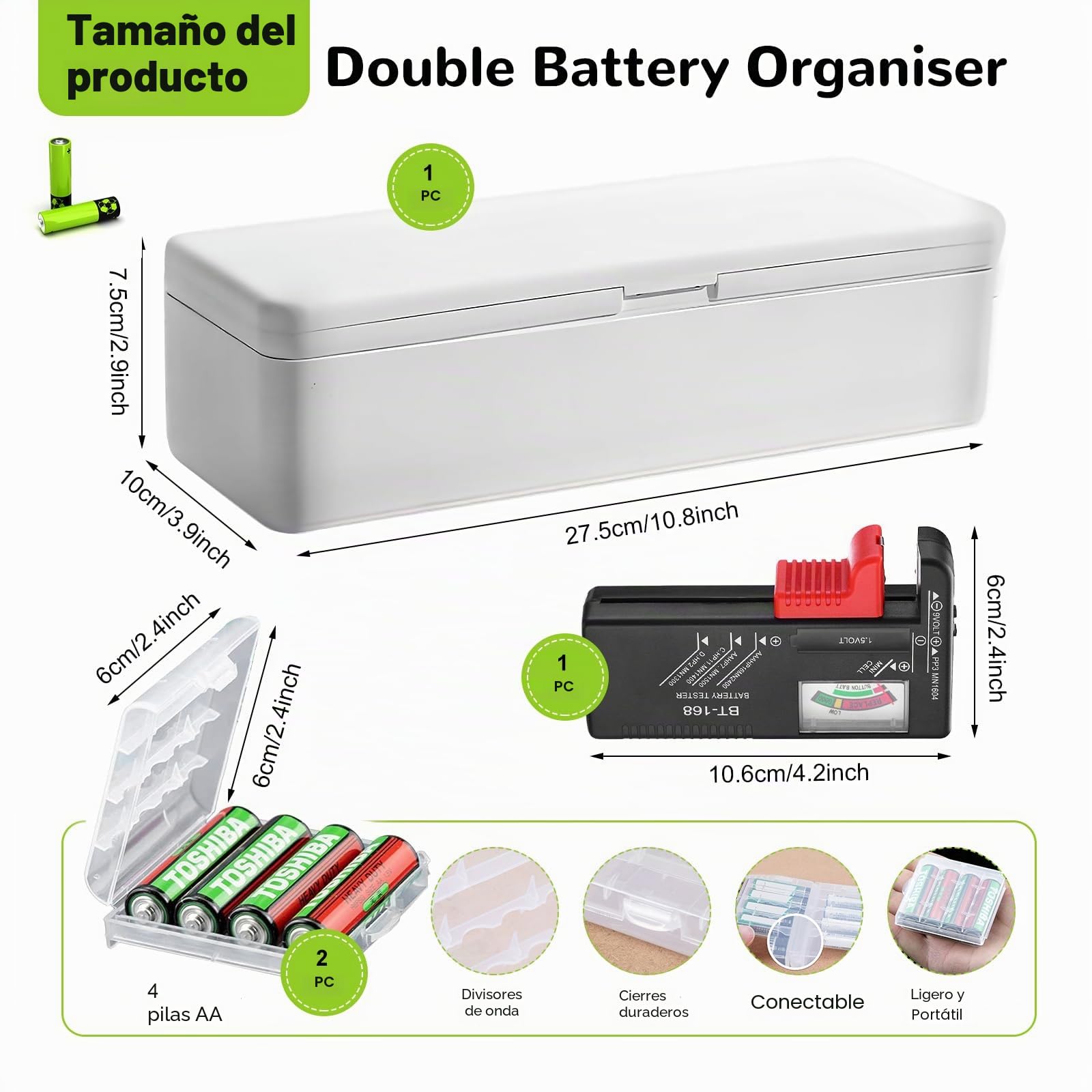 Caja de almacenamiento de batería de doble capa con capacidad para 115 pilas (AA, AAA, pilas de botón), con probador de pilas y 2 pequeñas cajas de pilas (pilas no incluidas)