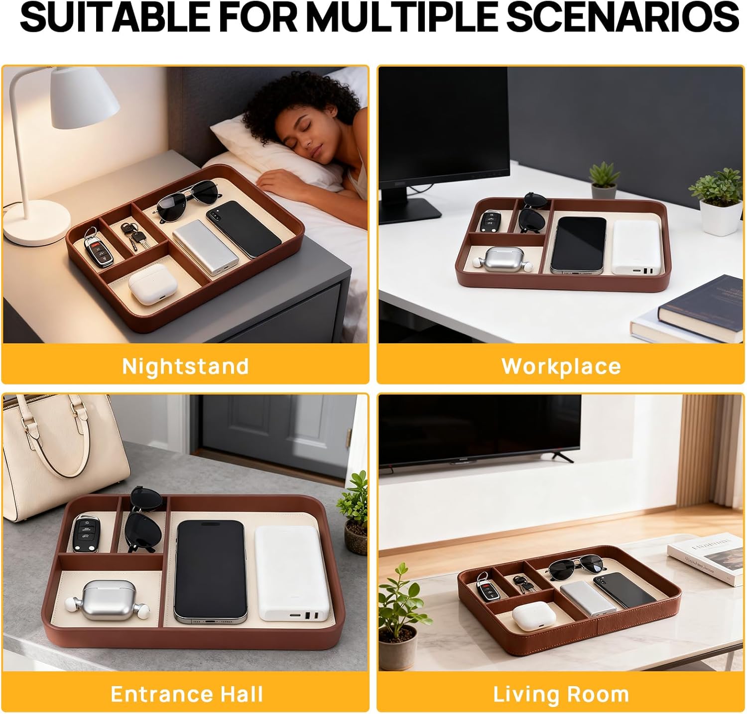 Leather Valet Tray, Stylish and Organized Multifunctional Tray, Nightstand & Desk Organizer, EDC Catchall for Keys Watch Jewelry Bedside Table Organizer