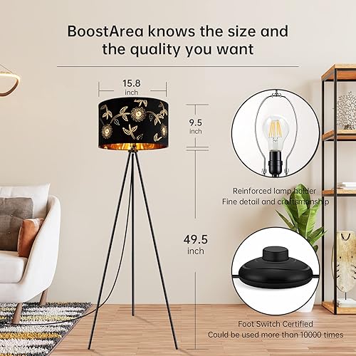 Vista 11 de BoostArea Lámpara de pie, lámpara de pie trípode, bombilla LED de 8 W, pantalla decorativa, lámpara de pie de mediados de siglo para sala de estar