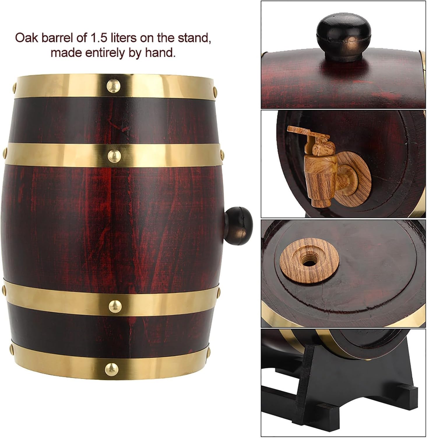 Oak Wine with Light Dispenser Plastic Tap, Handmade Stand, 1.5/3/5/10 L Oak Vintage Wood, Improves the Taste of the Drink (-JY07341-01)