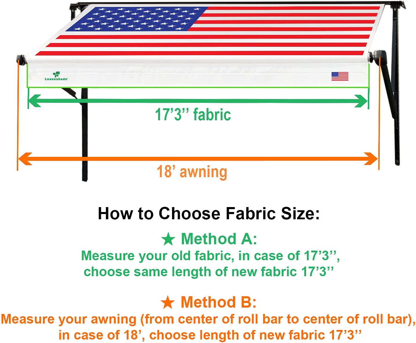 Leaveshade RV Awning Fabric Replacement Motorhome Camper Trailer Awning Fabric Super Heavy Vinyl Coated Polyester 17'3''(Fit for 18' Awning) - USA Flag (Custom Looking)