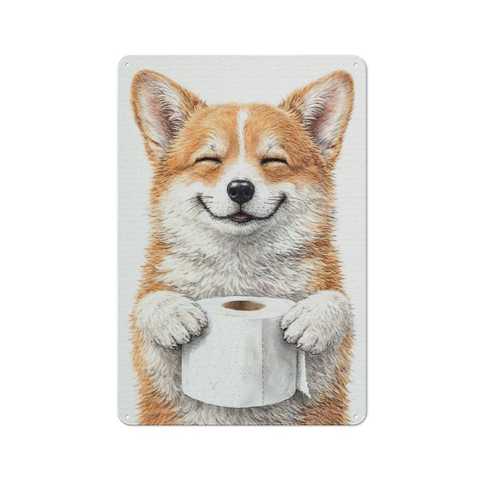 Junmoney Style-2 Tin Wall Plaque 30X20cm With Happy Corgi Holding Toilet Paper For Hobby Room Or Studio, For Themed Interiors In Hobby Rooms And Studios