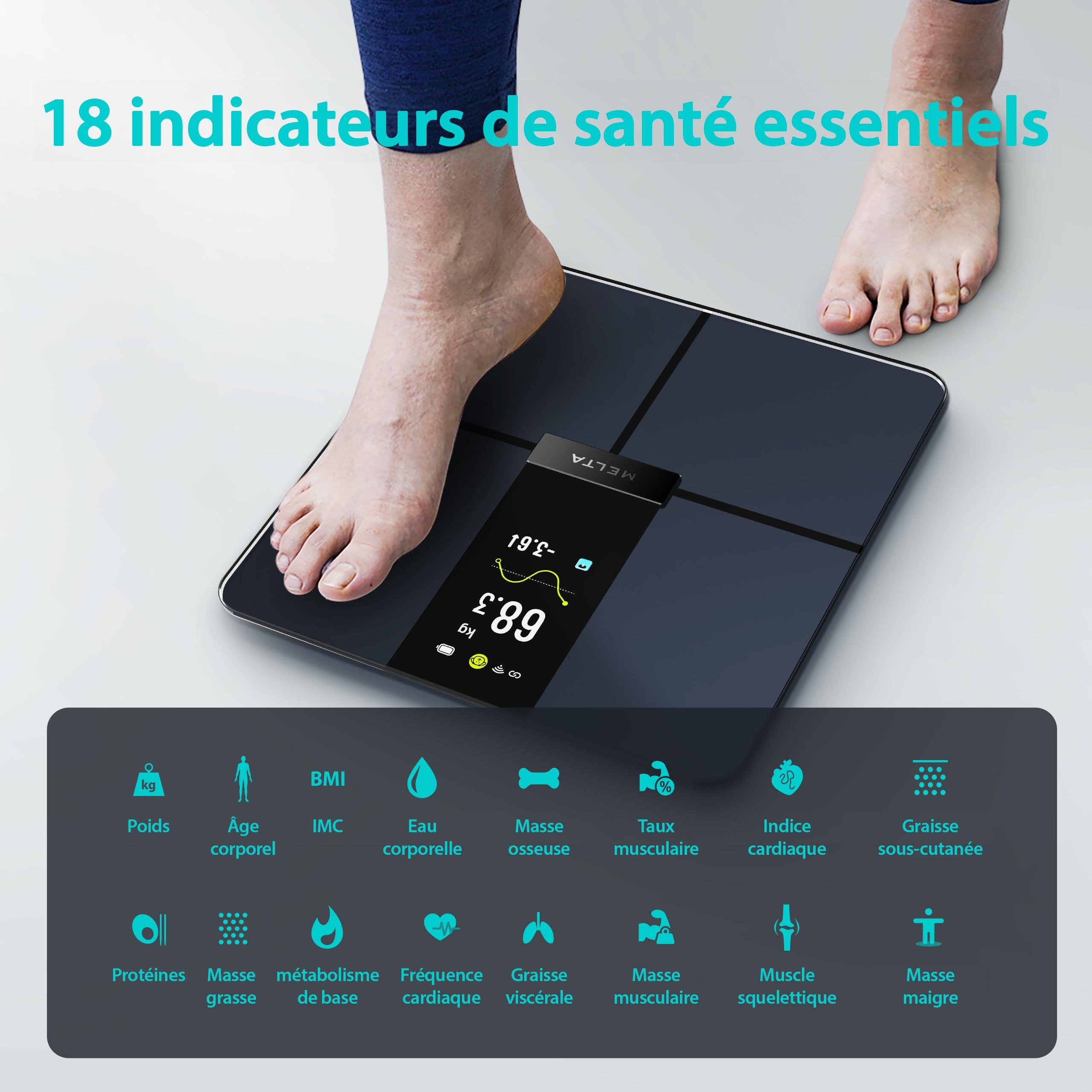 MELTA. Balance Intelligente- Pèse-Personne Connecté Impédancemètre Wi-Fi & Bluetooth 5.0 | Écran TFT Couleur 4,3" | 18 Indicateurs Corporels | App Fitdays+ | 180 kg | Verre Trempé ITO