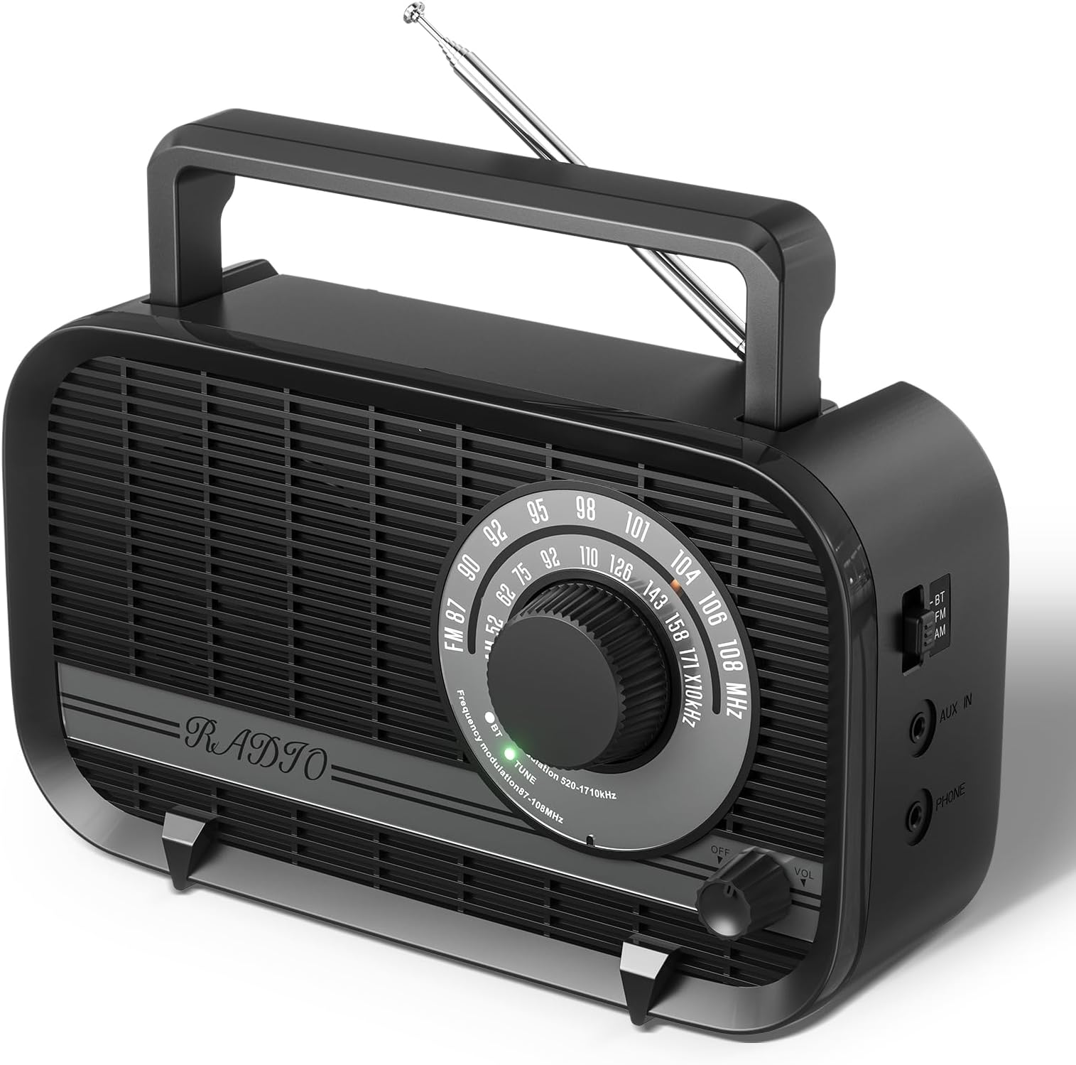 AM FM Portable Radio Plug in Wall or Battery Operated Radio with Best Reception,Bluetooth,Headphone Jack,Large Dial Easy to Use for Seniors Elderly Black