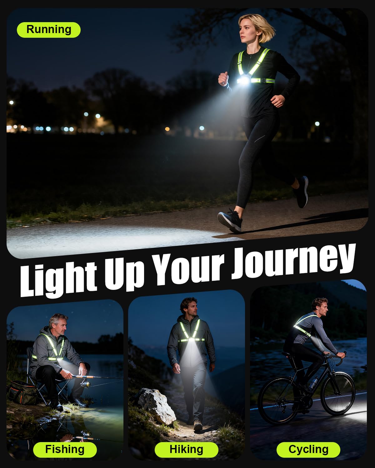 Feux de course pour coureurs, 500 lumens, faisceau réglable à 45°, 6 modes et étanchéité IPX4, gilet réfléchissant rechargeable 1800 mAh pour marche nocturne, cyclisme, jogging, randonnée