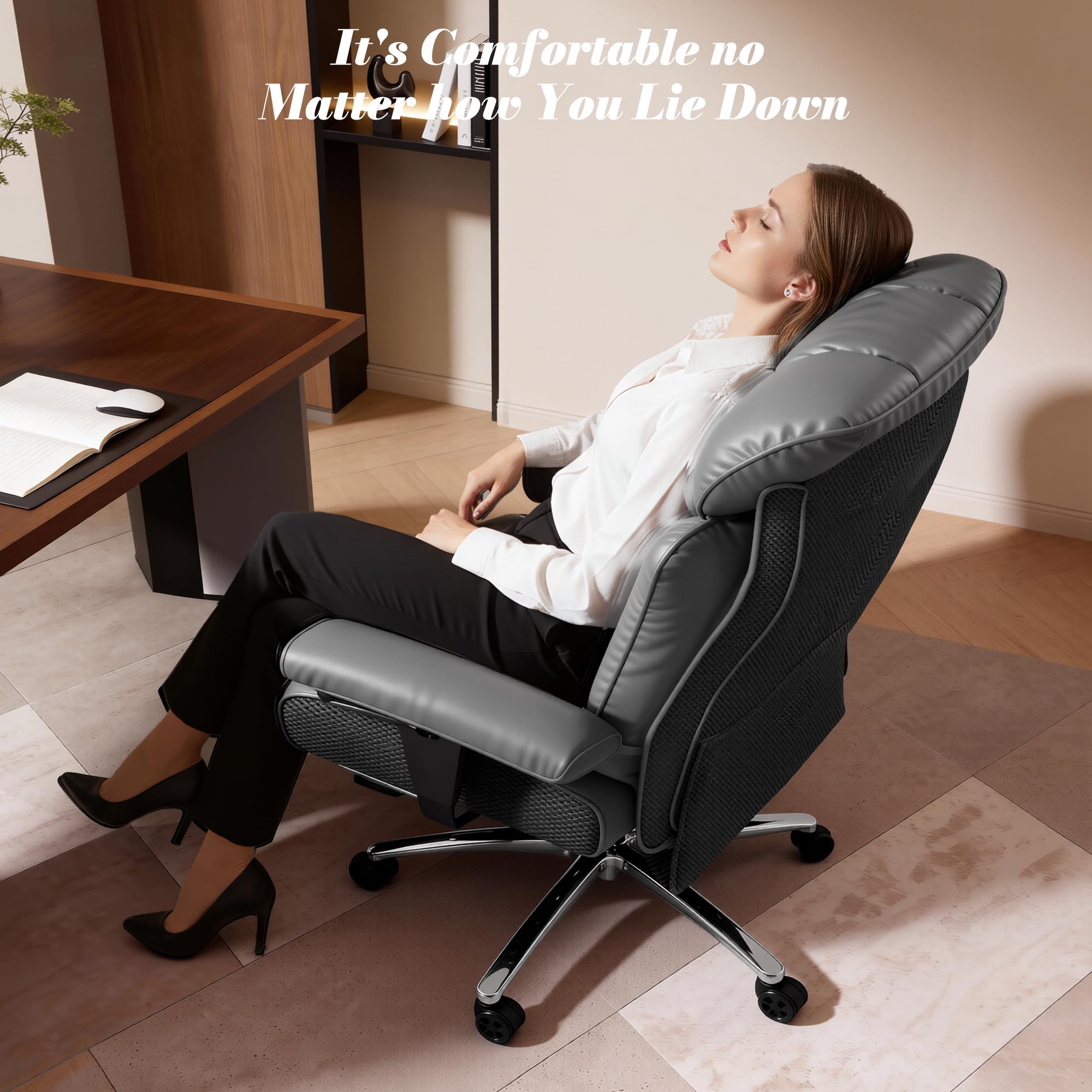 Efomao Bürostuhl, Executivesessel PU-Leder mit Integrierter Lendenwirbelstütze, Ergonomischer Chefsessel bis 200kg mit Ausziehbarer Fußstütze für Home Office, Höhenverstellbar