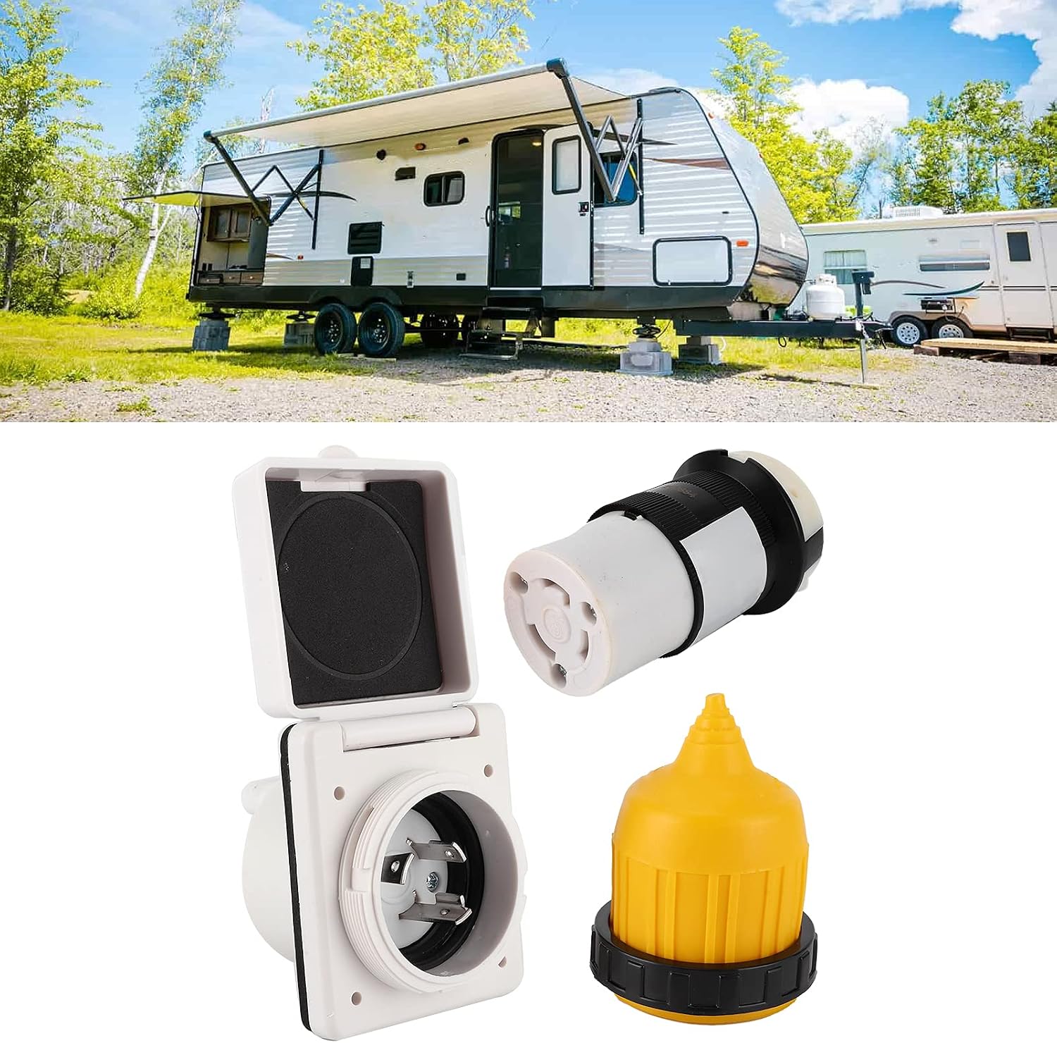 30 AMP RV Power Inlet Kit, Twist Lock Cord End Connector with Cover 3 Piece Set for RV, Boats, Trailers