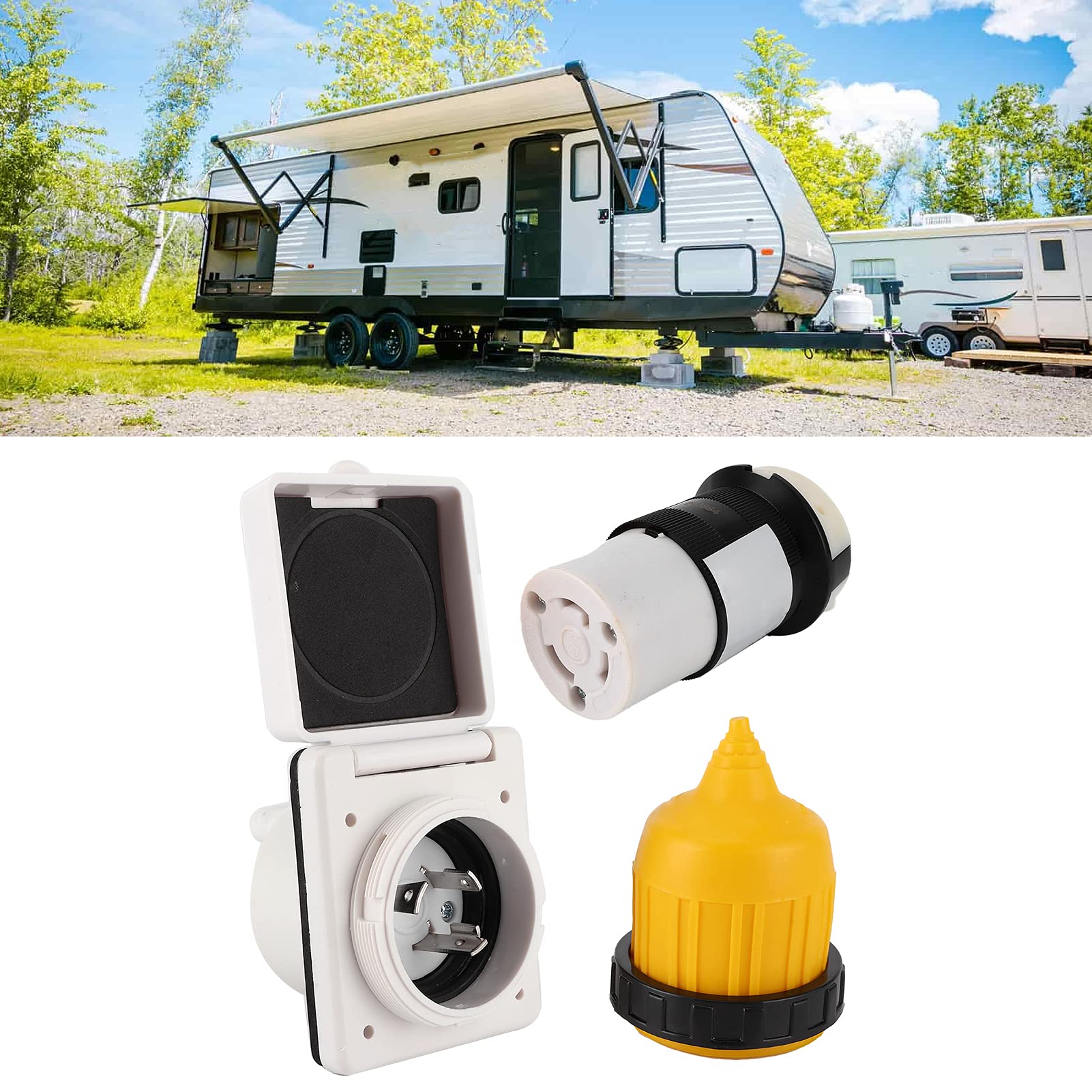 Akozon RV Power Inlet Kit, 3pz 30 AMP RV Power Inlet Set RV Cavo Terminale Connettore Lock Spina USA con Copertura Impermeabile per Barche RV