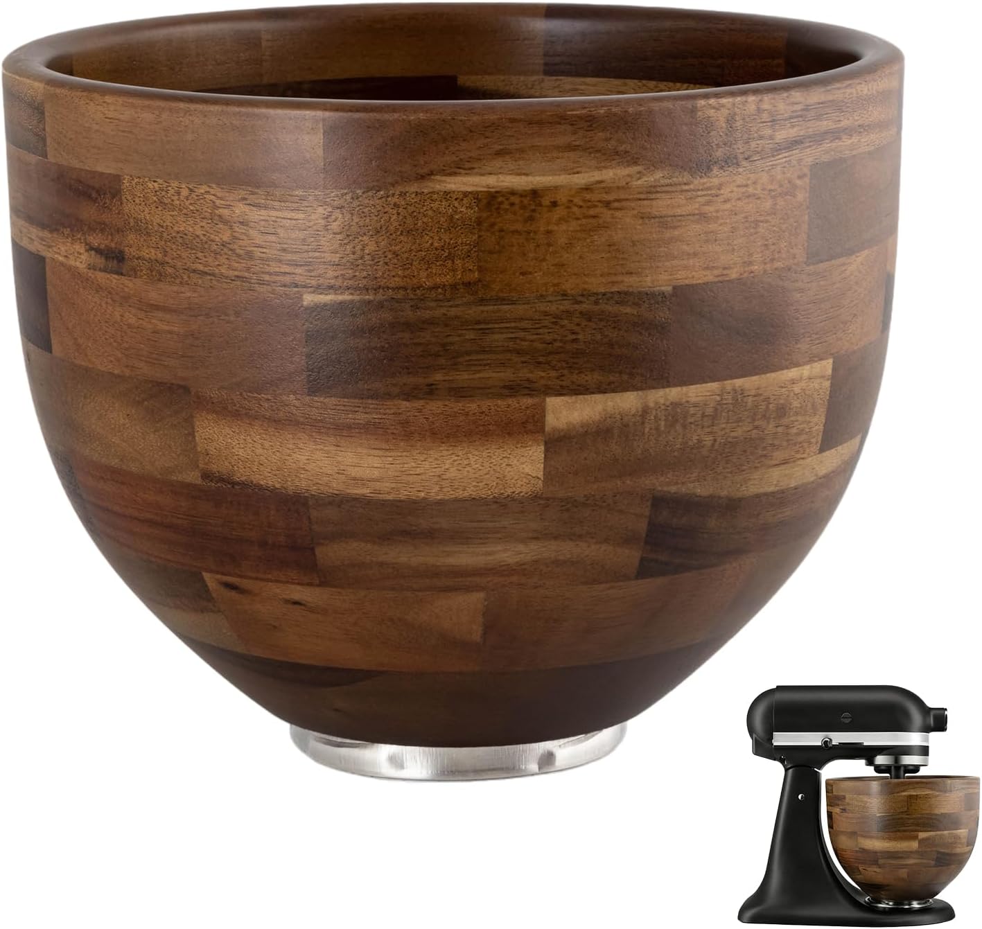 Mixer Wooden Bowl Compatible with Kitchenaid Mixer, Wooden Mixing Bowl for 5QT Tilt Head Stand Mixers, Wood Texture Surface, with Stainless Steel Locking Base, Perfect for Bread, Cake, and Baking