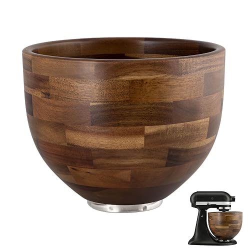 Mixer Wooden Bowl Compatible with Kitchenaid Mixer, Wooden Mixing Bowl for 5QT Tilt Head Stand Mixers, Wood Texture Surface, with Stainless Steel Locking Base, Perfect for Bread, Cake, and Baking