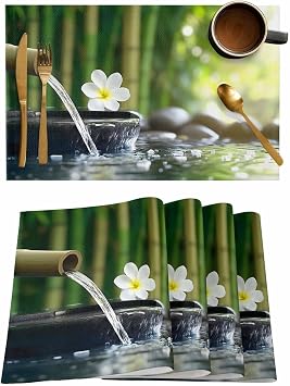 Zen Stones Water Flowing Placemats Set of 6, Heat Insulation Woven Place Mats, Floral Green Forest Washable Placemat Non-Slip Table Mats for Kitchen Dining Table Indoor/Outdoor