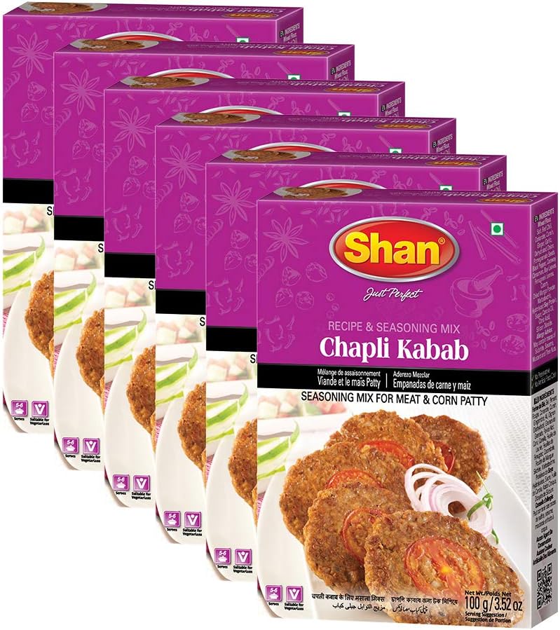 Shan Chapli Kabab Recipe and Seasoning Mix 3.52 oz (100g) - Spice Powder for Traditional Meat & Corn Patty - Suitable for Vegetarians - Airtight Bag in a Box (Pack of 6)